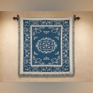 Vintage Goodwin Weavers Blue Floral Fringed Tapestry Throw Blanket 50 X 60